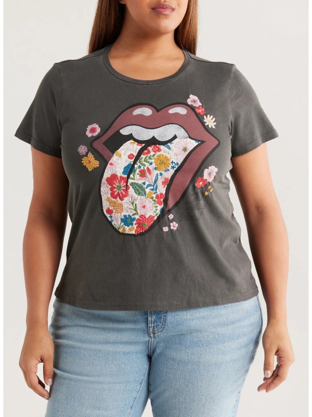 Lucky Rolling Stones Floral Embroidered Hot Lips Crew Tee